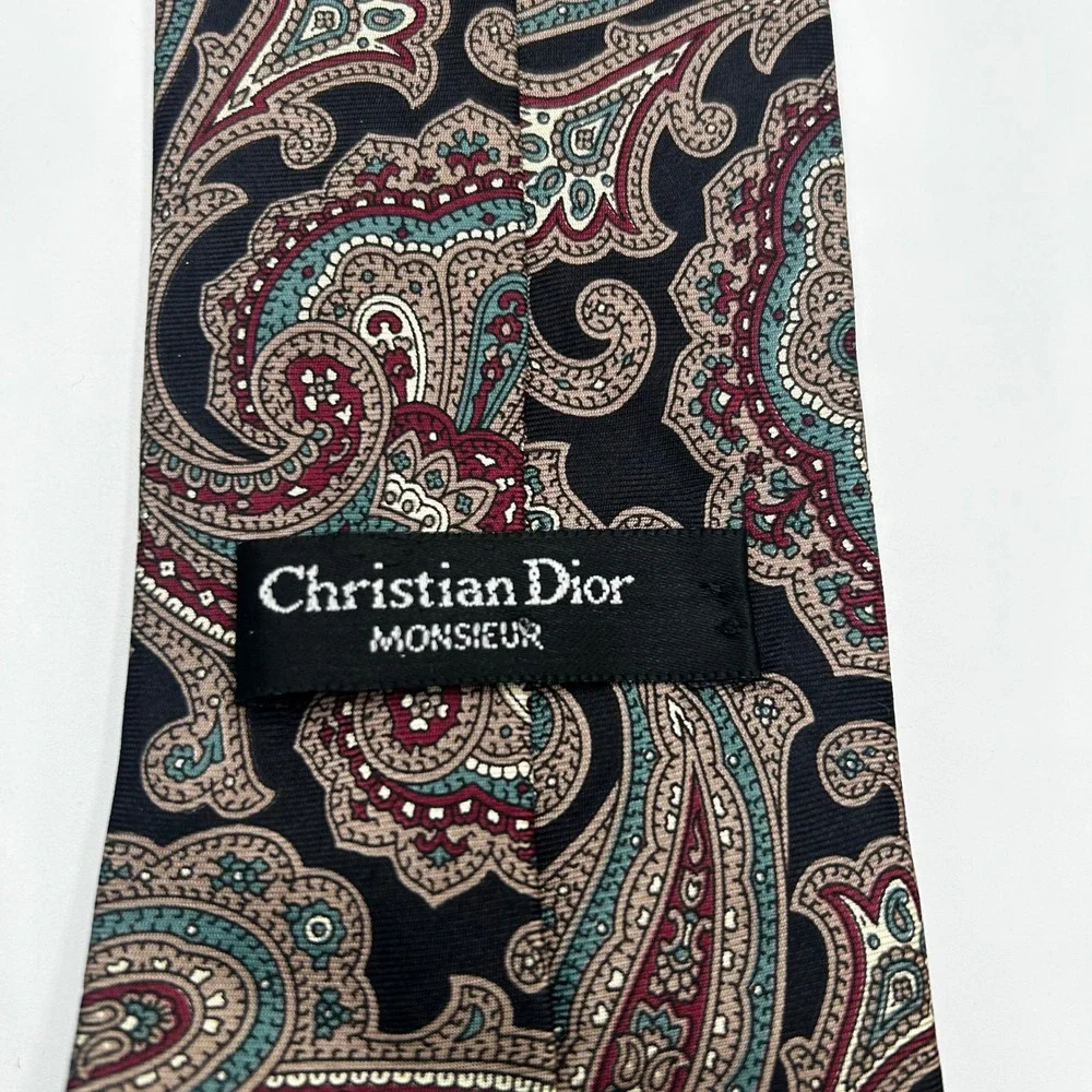 Christian Dior Monsieur Silk Tie Black Burgundy Teal Paisley Italian Fabric USA